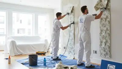 Virginia Beach, VA painters removing wallpaper and prepping walls for repainting in a coastal home