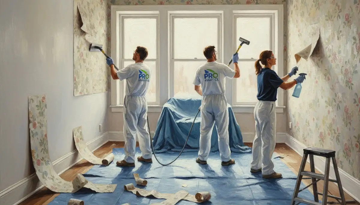 Virginia Beach, VA painters removing wallpaper and prepping walls for repainting